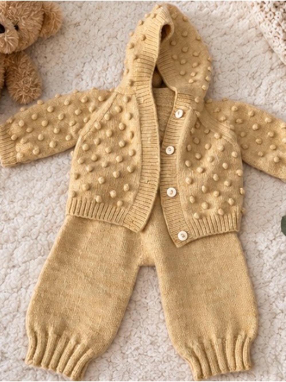 Misha And Puff Mustard Knit Hooded One-Piece Set 6-12 months